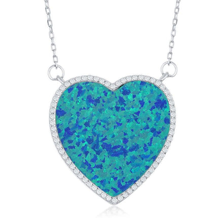 Sterling Silver Blue Inlay Opal Heart with CZ Border Necklace ,