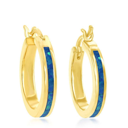 Sterling Silver Blue Inlay Opal Hoop Earrings ,