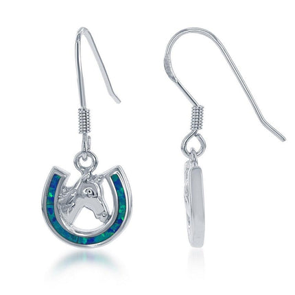 Sterling Silver Blue Inlay Opal Horseshoe with Center Horse Earrings ,