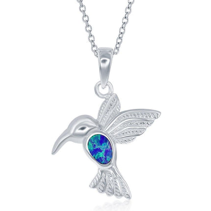 Sterling Silver Blue Inlay Opal Hummingbird Pendant ,