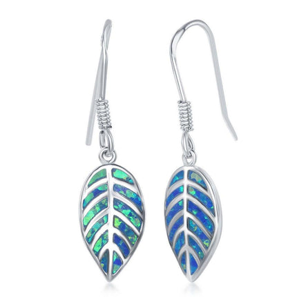 Sterling Silver Blue Inlay Opal Leaf Earrings ,
