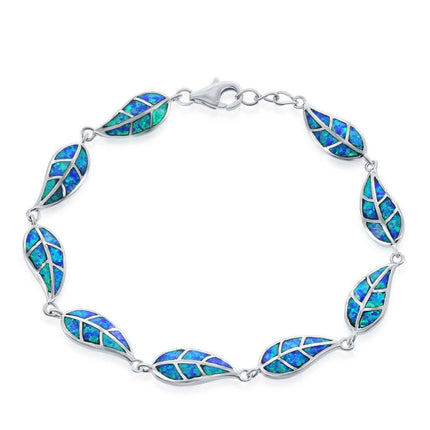 Sterling Silver Blue Inlay Opal Linked Leaf's Bracelet, 7.5" ,