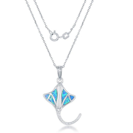 Sterling Silver Blue Inlay Opal Manta Ray Pendant ,