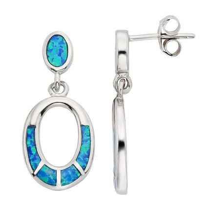 Sterling Silver Blue Inlay Opal Open Oval Earrings ,