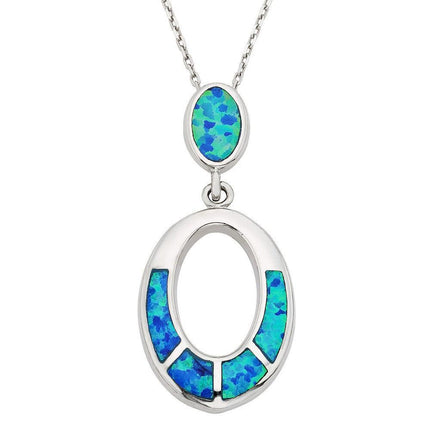 Sterling Silver Blue Inlay Opal Open Oval Pendant ,