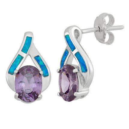 Sterling Silver Blue Inlay Opal Oval CZ Earrings ,