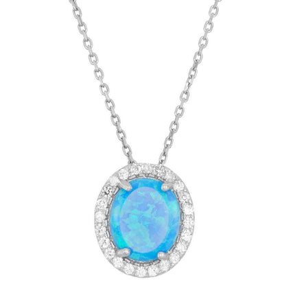 Sterling Silver Blue Inlay Opal Oval CZ Pendant ,