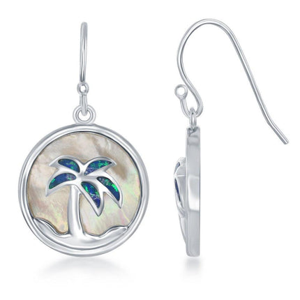 Sterling Silver Blue Inlay Opal Palm Tree Earrings ,