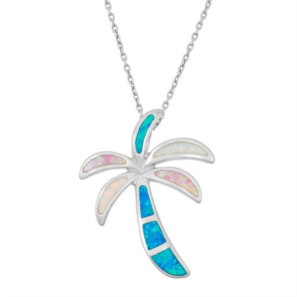 Sterling Silver Blue Inlay Opal Palm Tree Pendant ,