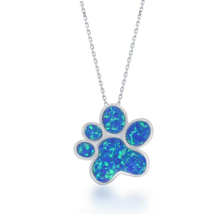 Sterling Silver Blue Inlay Opal Paw Print Pendant ,