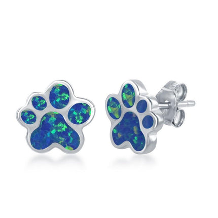 Sterling Silver Blue Inlay Opal Paw Stud Earrings ,