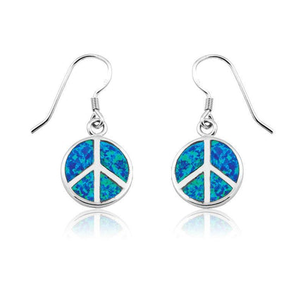 Sterling Silver Blue Inlay Opal Peace Sign Earrings ,