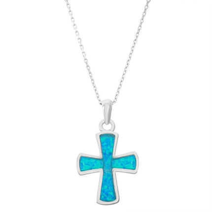 Sterling Silver Blue Inlay Opal Round Cross Pendant ,