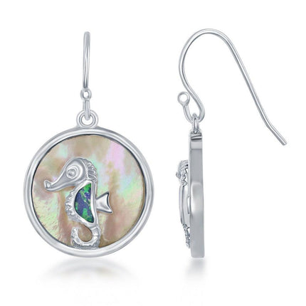 Sterling Silver Blue Inlay Opal Seahorse Earrings ,