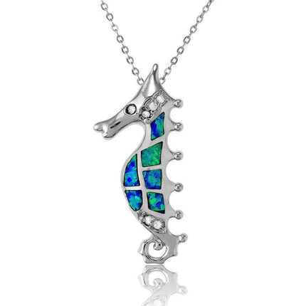 Sterling Silver Blue Inlay Opal Seahorse Pendant ,