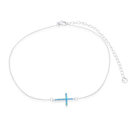 Sterling Silver Blue Inlay Opal Sideways Cross Choker Necklace ,