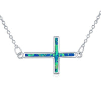 Sterling Silver Blue Inlay Opal Sideways Cross Choker Necklace ,