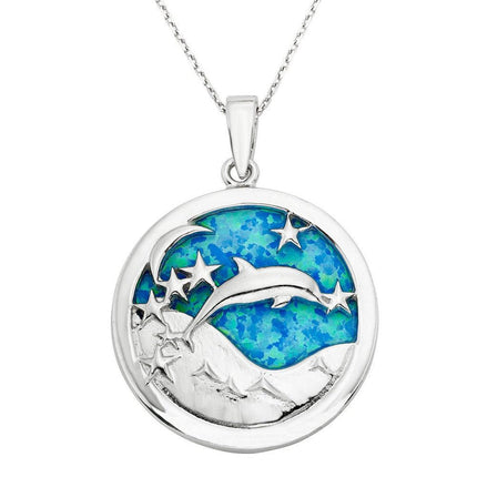 Sterling Silver Blue Inlay Opal Sky Round Pendant ,