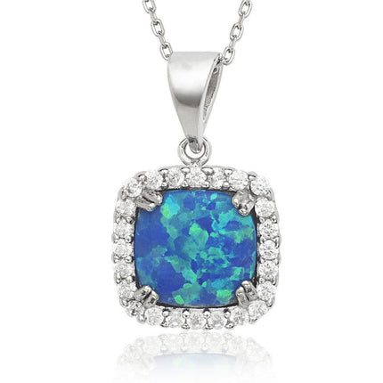 Sterling Silver Blue Inlay Opal Square CZ Pendant ,