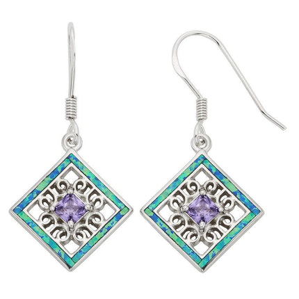 Sterling Silver Blue Inlay Opal Square Earrings ,