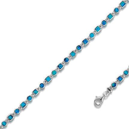Sterling Silver Blue Inlay Opal Squares and Circles Link Bracelet ,
