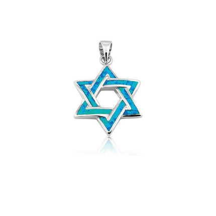 Sterling Silver Blue Inlay Opal Star of David Pendant ,