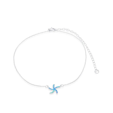 Sterling Silver Blue Inlay Opal Starfish Choker Necklace ,