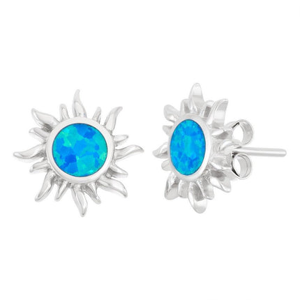 Sterling Silver Blue Inlay Opal Sun Stud Earrings ,
