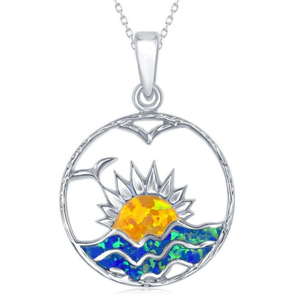 Sterling Silver Blue Inlay Opal Sunset Pendant ,
