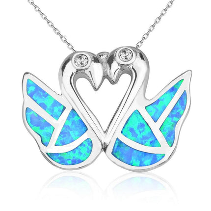 Sterling Silver Blue Inlay Opal Swans With CZ Forming Heart Pendant ,