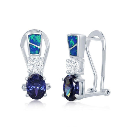 Sterling Silver Blue Inlay Opal Tanzanite Earrings ,