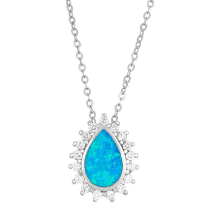 Sterling Silver Blue Inlay Opal Teardrop CZ Pendant ,