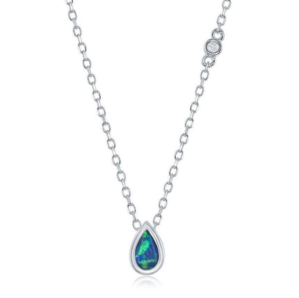 Sterling Silver Blue Inlay Opal Teardrop with Single CZ Necklace ,