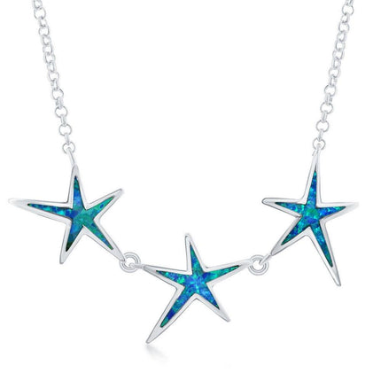 Sterling Silver Blue Inlay Opal Three Linked Starfish Necklace ,