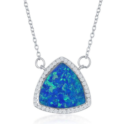 Sterling Silver Blue Inlay Opal Triangle with CZ Border Necklace ,