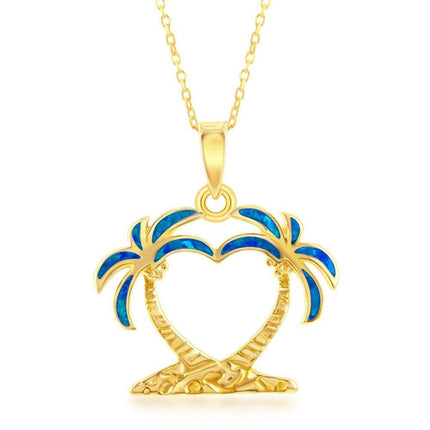 Sterling Silver Blue Inlay Opal Two Palm Trees Pendant - Gold Plated ,