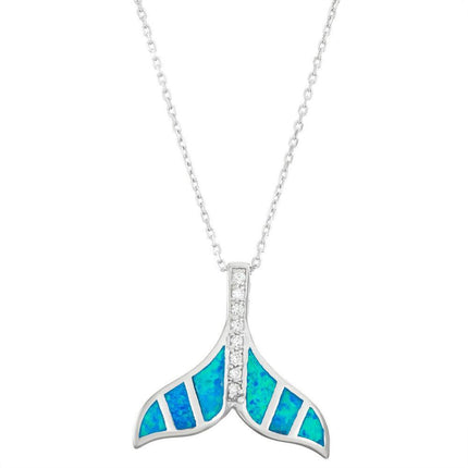 Sterling Silver Blue Inlay Opal Whale Tail Pendant ,