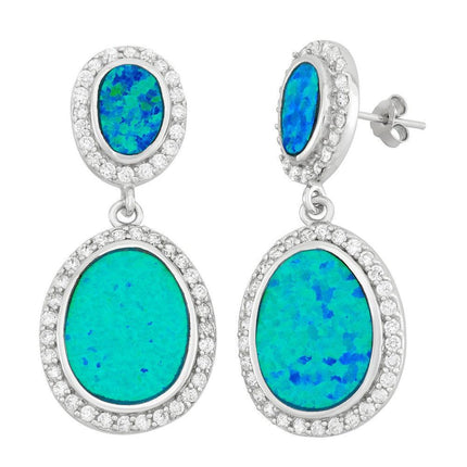 Sterling Silver Blue Inlay Opal with CZs Earrings ,