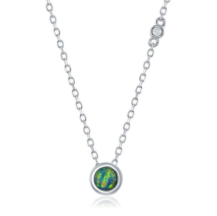 Sterling Silver Blue Inlay Opal with Single Bezel-Set CZ Necklace ,