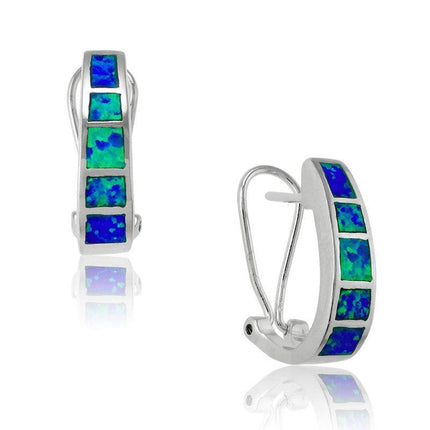 Sterling Silver Blue Inlay Squares Hoop Earrings ,