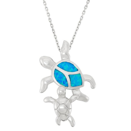 Sterling Silver Blue Inlay Swimming Turtle Pendant ,