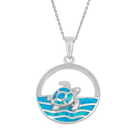Sterling Silver Blue Inlay Waves and Turtle Pendant ,