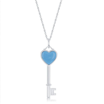 Sterling Silver Blue MOP Heart Small Key Pendant ,