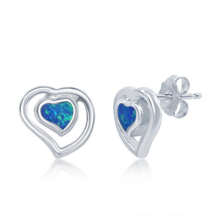 Sterling Silver Blue Opal Center Heart Earrings ,