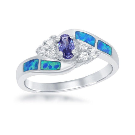 Sterling Silver Blue Opal, Clear CZ, Small Blue CZ Ring, Size 7 ,