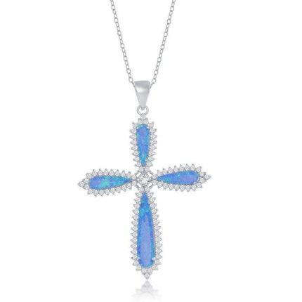 Sterling Silver Blue Opal CZ Border Large Cross Pendant ,