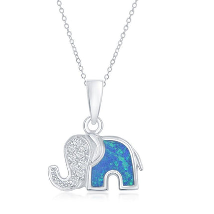Sterling Silver Blue Opal Elephant CZ Pendant ,