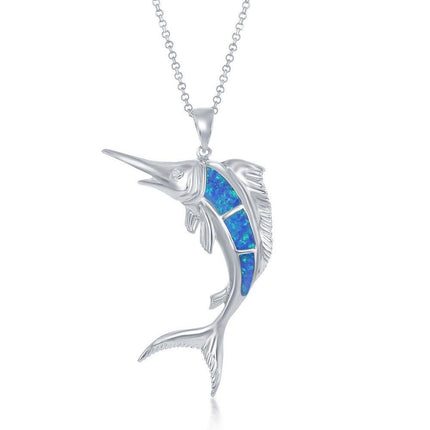 Sterling Silver Blue Opal Marlin Fish Pendant ,