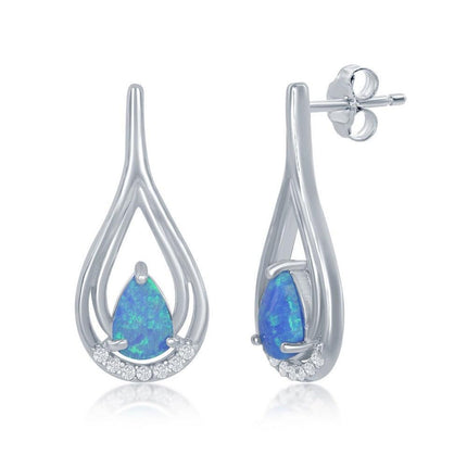 Sterling Silver Blue Opal Pearshaped With CZ Earrings ,