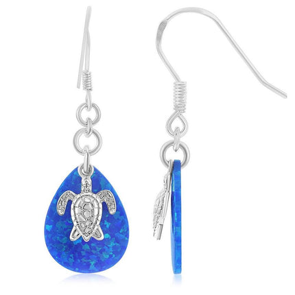 Sterling Silver Blue Opal Turtle Fishhook Earrings ,